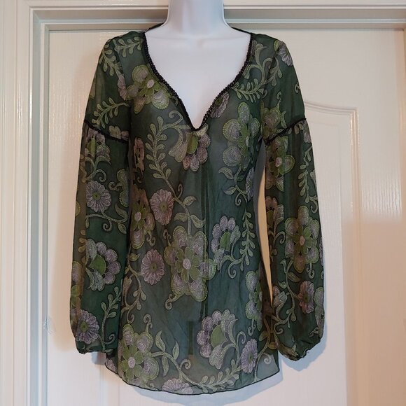 Ing Y2K Boho Sheer Floral Green Flowy Long Puff Sleeve Top M Hippie - Picture 8 of 14